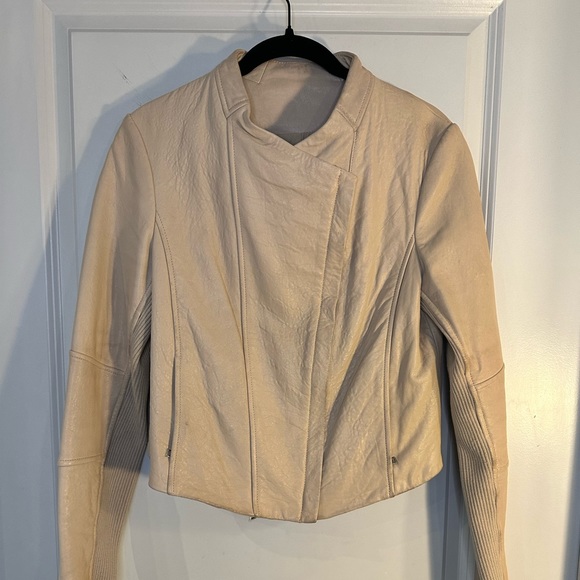 Vince Sand Shell Asymmetrical Rib Knit 100% Lambskin Leather Moto Designer Coat - Picture 4 of 16